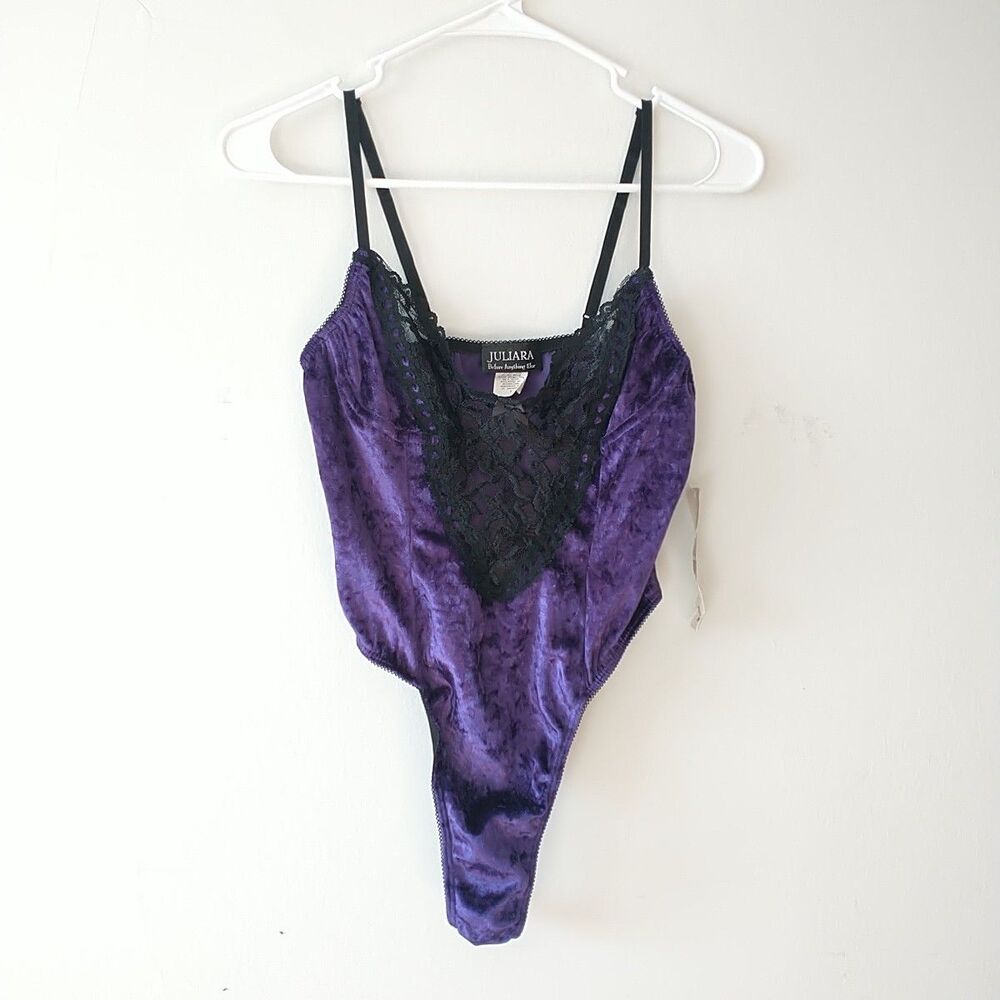 Vtg Juliara Bodysuit Teddy M Purple Black Lace Velvet Velour Thong Lingerie New